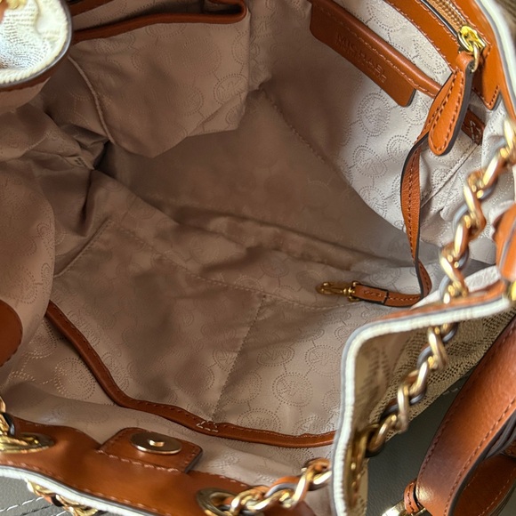 Michael Kors Cream Vanilla Monogram MK Shoulder Bag with Gold Accents - Picture 13 of 14